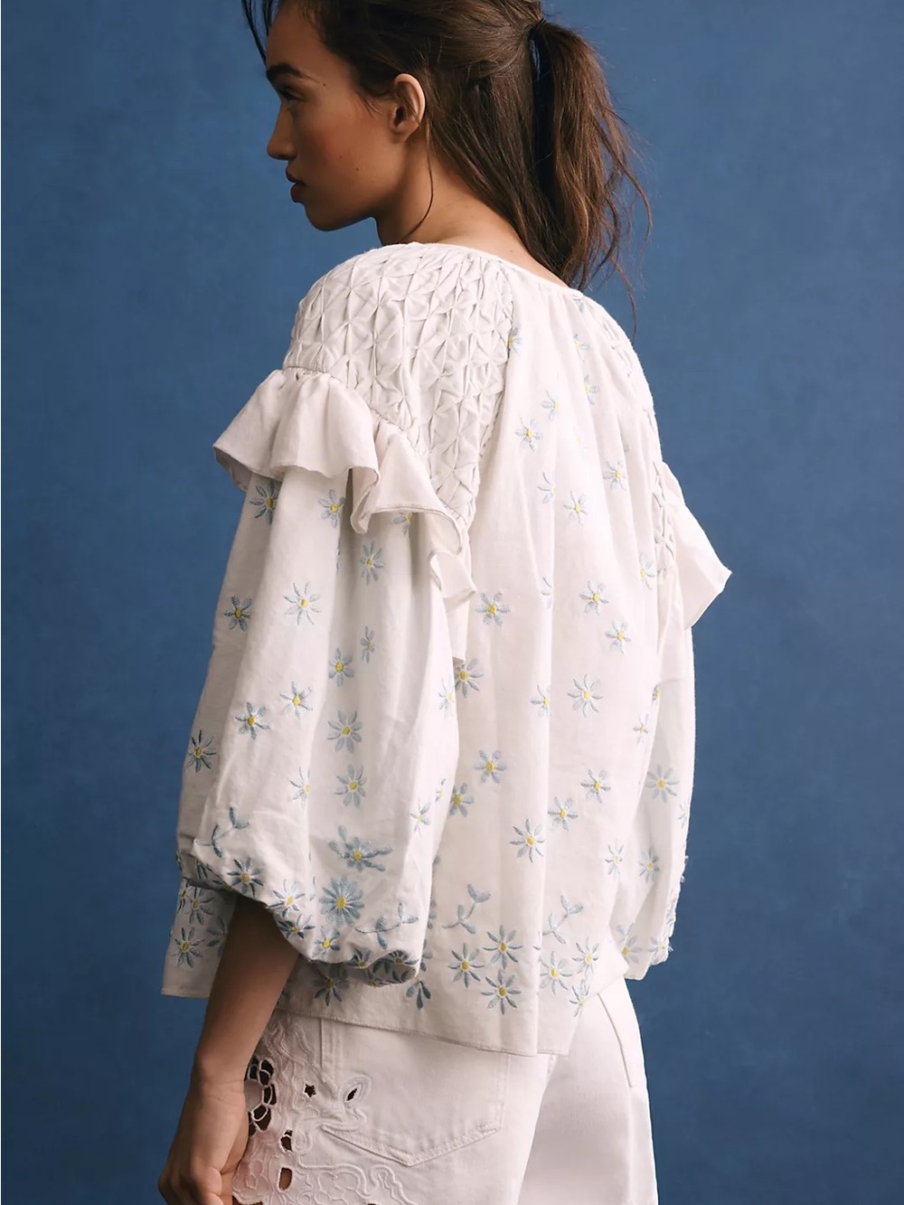 NWT Forever That Girl Ruffle-Sleeve Smocked Linen Blouse Anthropologie Flowers - Picture 2 of 12